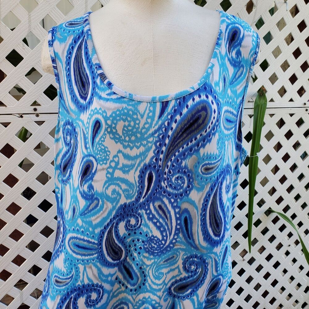 Klozlyne Blue/White Paisley Sleeveless Maxi Beachy Dress Scoop Neck Sz Large - Picture 2 of 5
